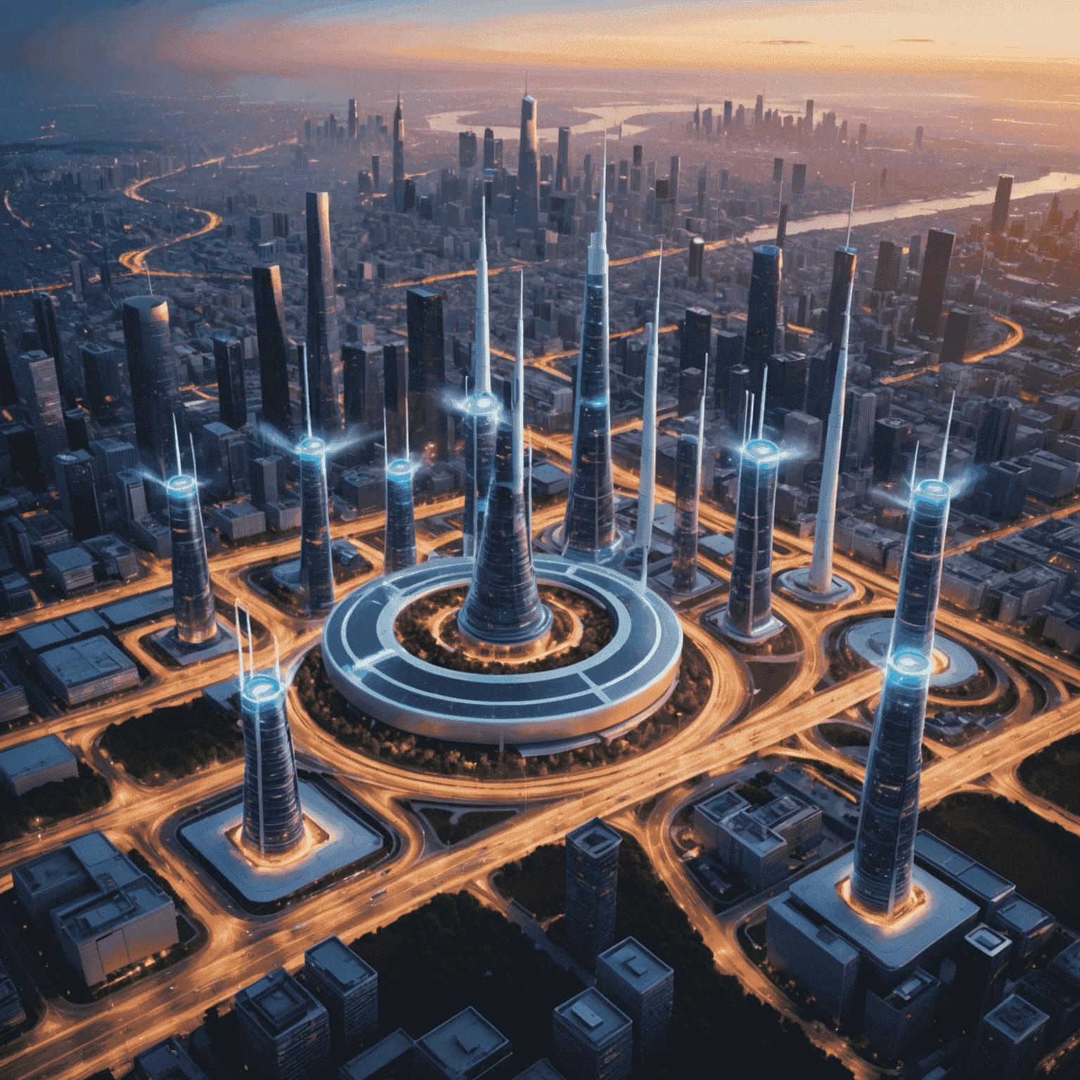 صورة توضيحية لتقنية الجيل الخامس 5G، تظهر أبراج اتصالات متطورة وأجهزة ذكية متصلة بشبكة عالية السرعة
