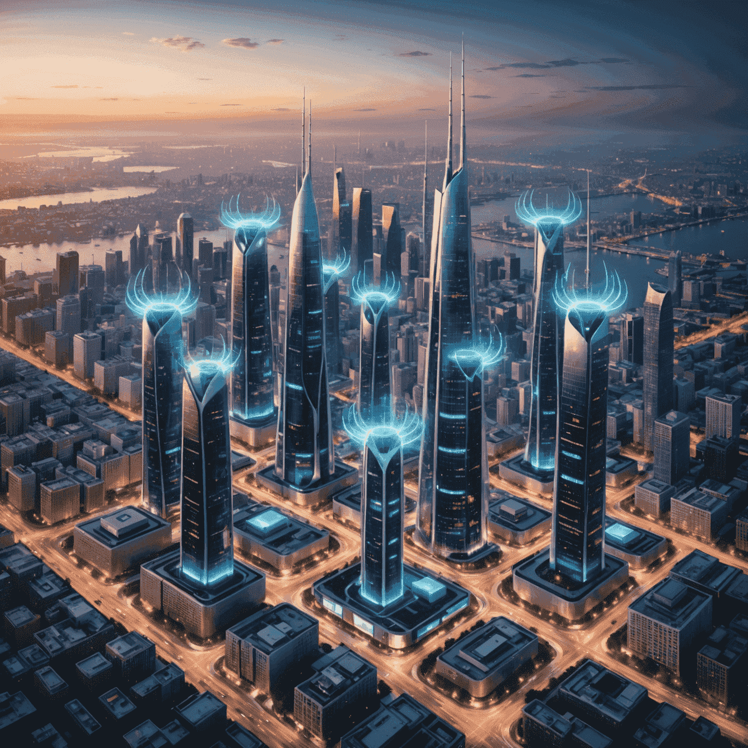 صورة توضيحية لتقنية الجيل الخامس 5G تظهر أبراج اتصالات متطورة تبث موجات لاسلكية في مدينة ذكية مستقبلية